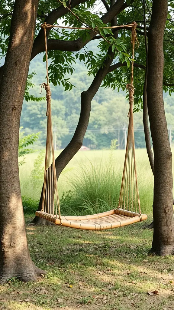 27 Creative Outdoor Swing Ideas for Your Backyard Bliss 12 Bamboo swing hanging between two trees in a grassy outdoor setting