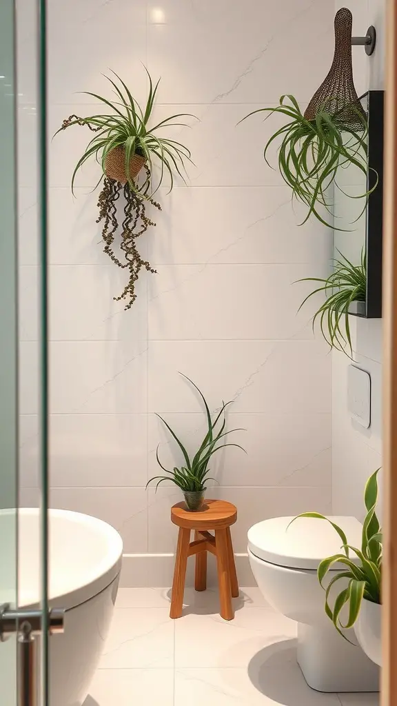 21 Stunning Room Plants Ideas to Transform Your Space 17 Modern bathroom with air plants in hanging pots and on a stool