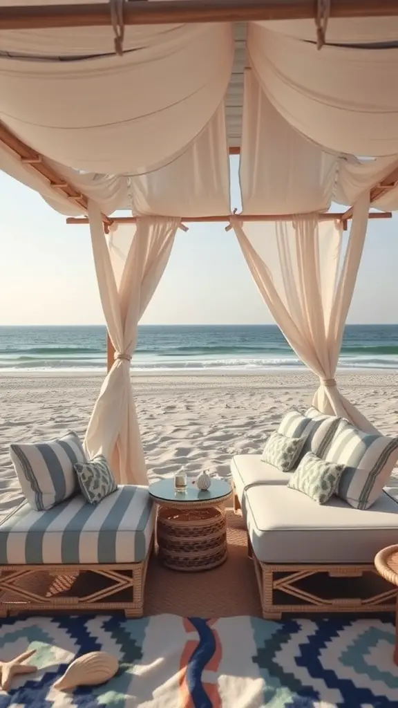 15 Stunning Pool Cabana Ideas for Ultimate Relaxation 9 A serene beach cabana with light fabric drapes, lounge chairs, and a small table by the ocean.