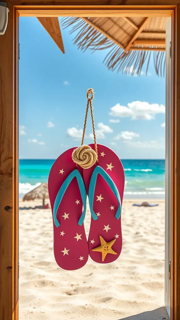 25 Creative DIY Summer Door Hangers to Brighten Your Home 10 A beach-themed door hanger shaped like flip flops, hanging in a doorway with a view of the beach.