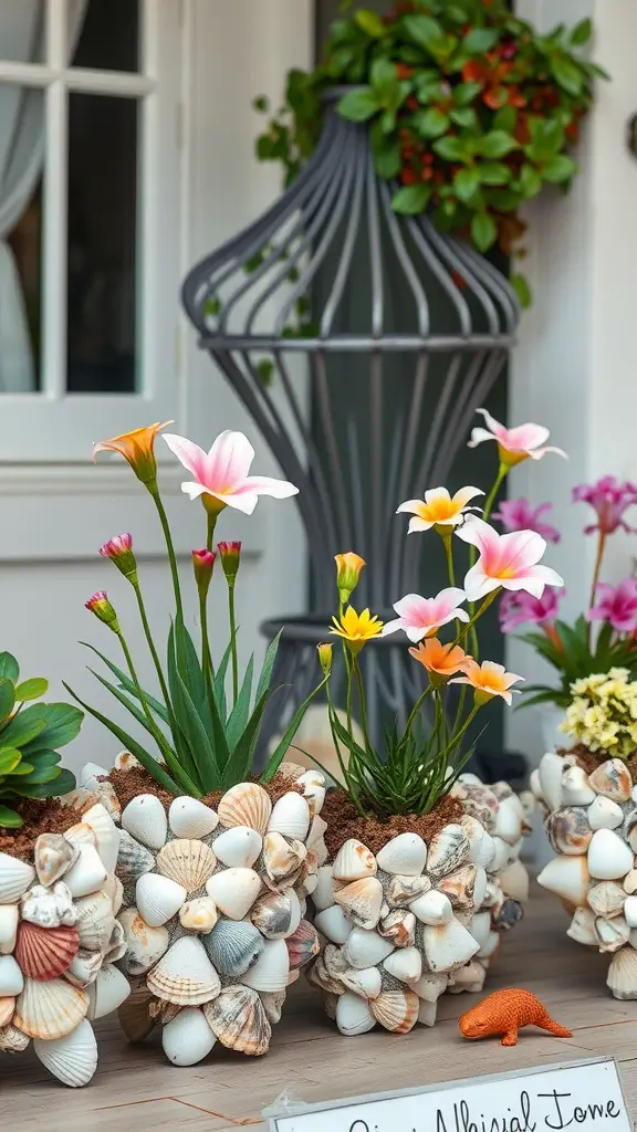 21 Creative Flower Pot Ideas to Brighten Your Space 16 Colorful flowers in beach-themed shell planters with shells and soil