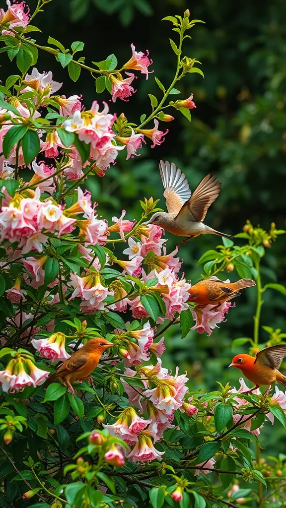 23 Stunning Flowering Shrubs to Transform Your Garden 17 Tatarian Honeysuckle shrub with pink flowers and birds feeding on it