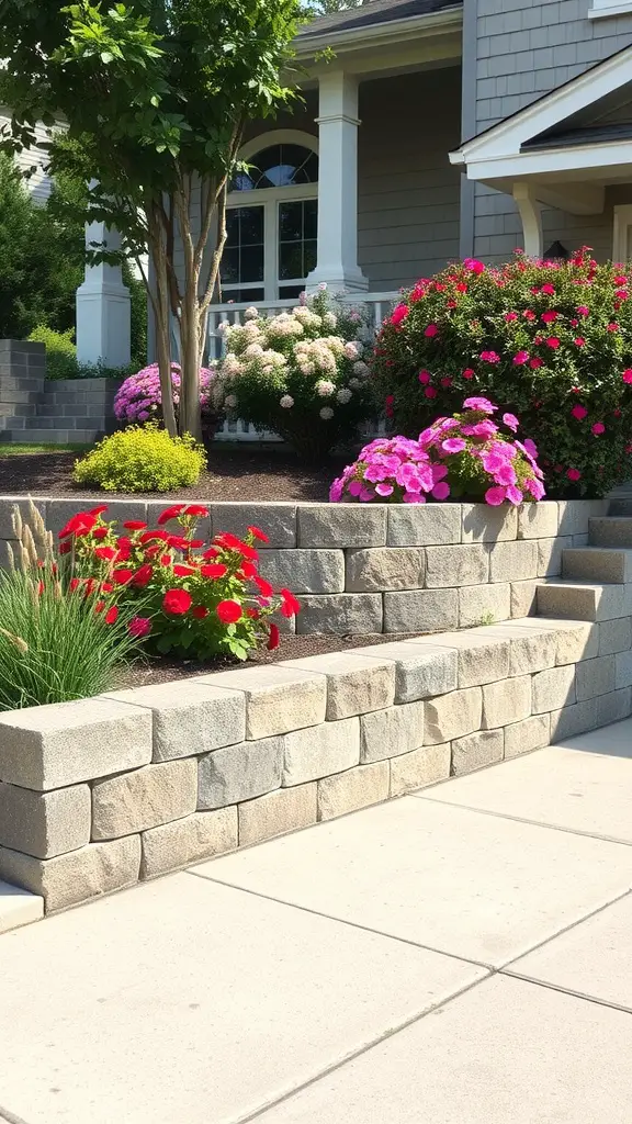 19 Stunning Retaining Wall Ideas for Your Front Yard 10 A well-constructed retaining wall in a front yard adorned with colorful flowers and plants