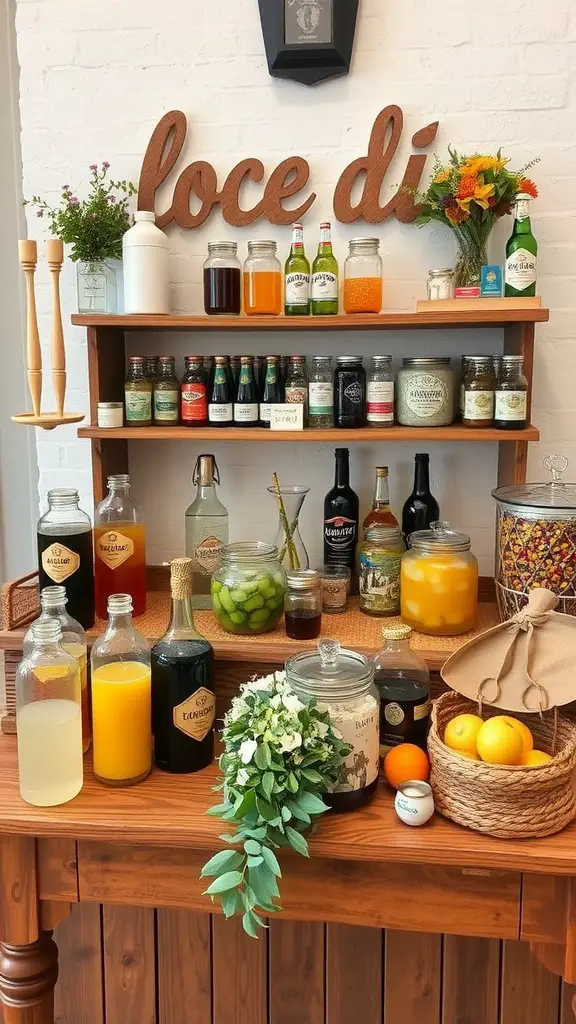 23 Charming Small Backyard Wedding Ideas for Your Dream Celebration 17 A charming beverage station featuring jars and bottles of various drinks, fresh fruits, and local flavors.