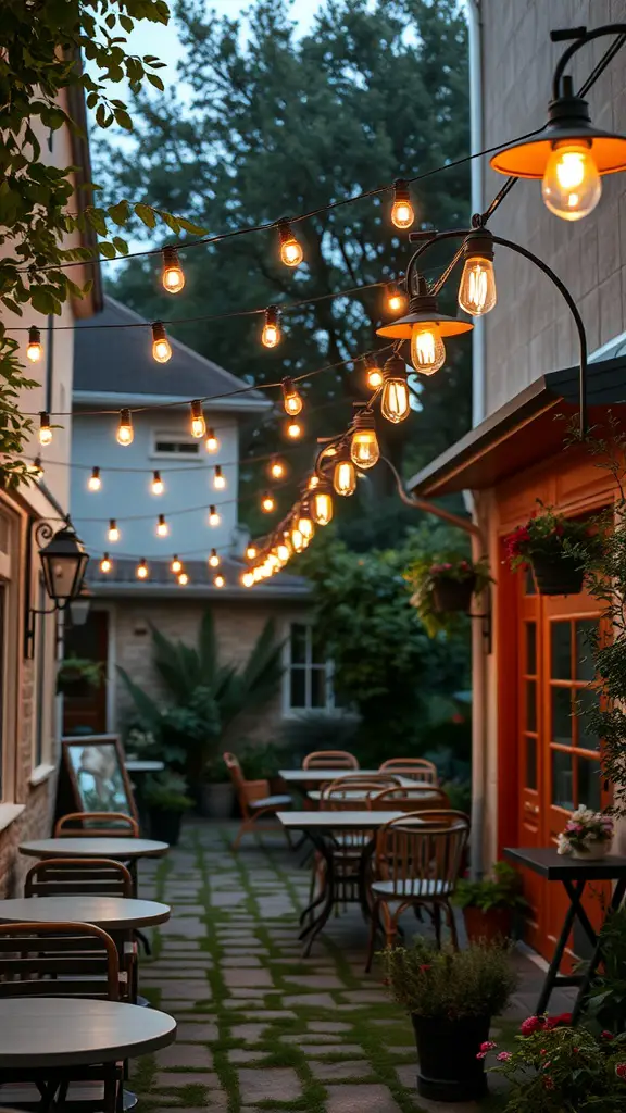 19 Creative Backyard Lighting Ideas to Brighten Your Outdoor Space 16 A cozy outdoor space with strings of bistro lights hanging above tables in an inviting alleyway.
