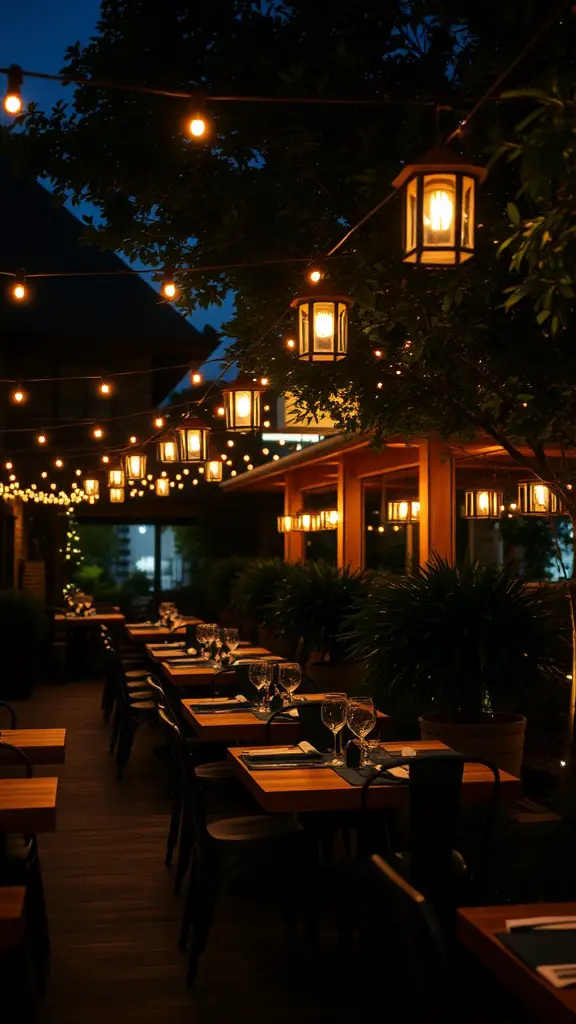 21 Stunning Outdoor Lighting Ideas to Transform Your Space 6 Outdoor dining area with bistro lights and lanterns hanging above tables