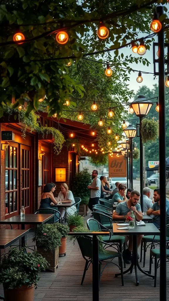 23 Creative Patio Lighting Ideas to Transform Your Outdoor Space 14 A patio with bistro lights strung overhead, people enjoying their time outdoors