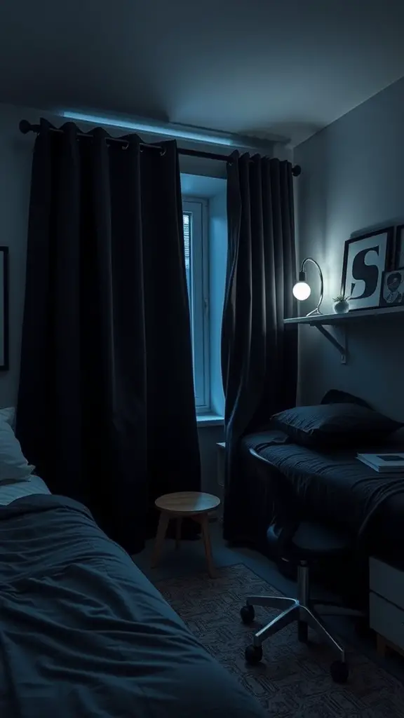 25 Dark Dorm Room Aesthetic Ideas for a Cozy and Chic Vibe 6 A dimly lit dorm room with blackout curtains drawn tightly over a window, a small lamp illuminating the space.
