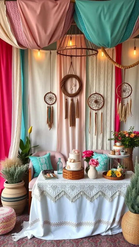 27 Creative Wedding Shower Theme Ideas You’ll Love 5 A beautifully decorated wedding shower table with colorful fabrics, dreamcatchers, and flowers.