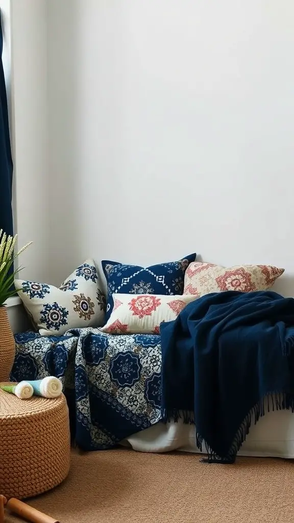 23 Stylish Navy Blue Dorm Room Ideas for a Chic Space 7 Cozy seating area with navy blue textiles, decorative pillows, and a rattan pouf in a dorm room setting.