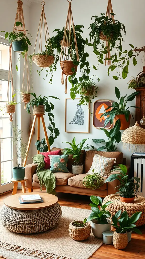 15 Inspiring Living Room Plant Decor Ideas 29 A Bohemian style living room decorated with various plants, including hanging and potted plants, a cozy sofa, and a round coffee table.