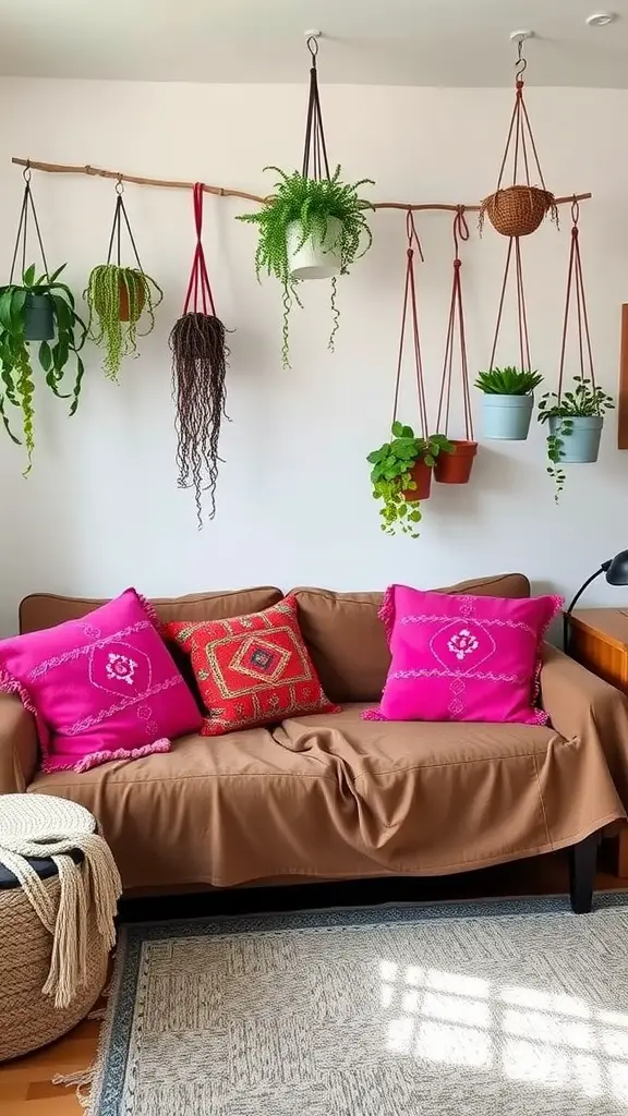 19 Stylish Pink and Blue Dorm Room Ideas to Elevate Your Space 10 Cozy dorm room sofa with pink throw pillows and hanging plants.