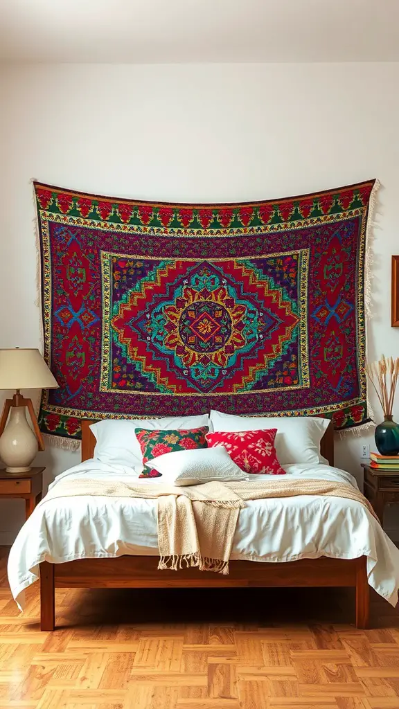 19 Cozy Dorm Room Aesthetic Ideas to Transform Your Space 10 Colorful bohemian tapestry hanging over a bed in a cozy dorm room