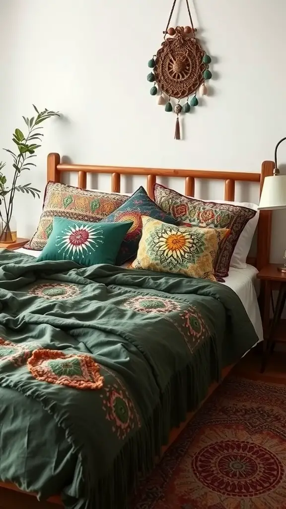23 Inspiring Green Bedding Aesthetic Ideas for a Cozy Sleep Space 11 A cozy bohemian-style bedroom featuring green bedding, colorful pillows, and a macramé wall hanging.