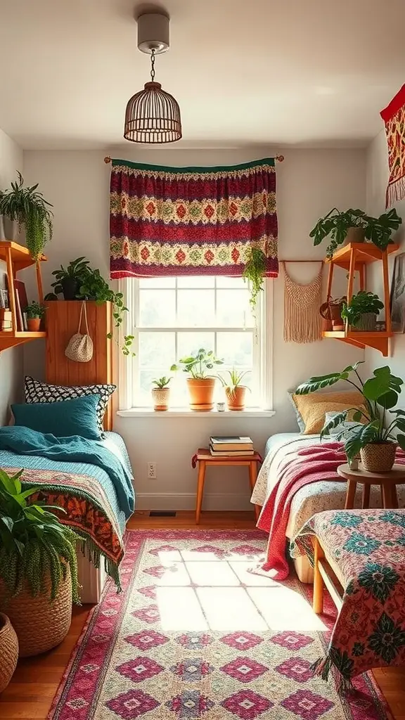 25 Stunning Luxury Dorm Room Ideas to Elevate Your Space 6 A cozy dorm room with two beds, colorful textiles, plants, and bright natural light.