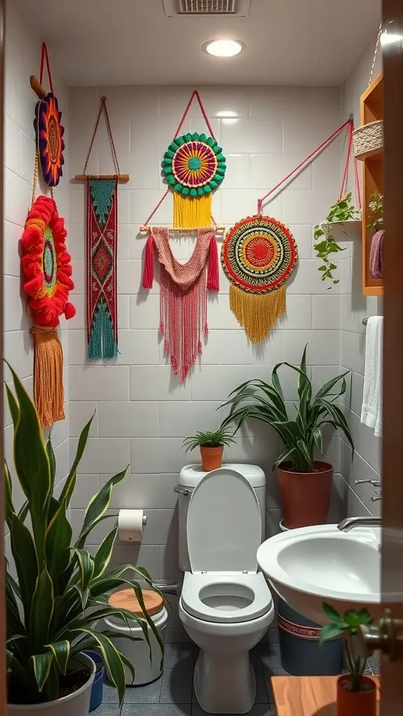 23 Creative College Bathroom Decor Ideas for a Stylish Space 8 A college bathroom featuring colorful bohemian wall hangings and potted plants.