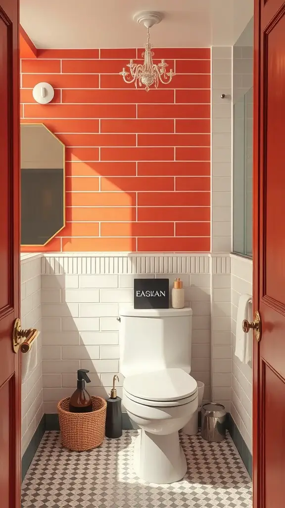 21 Timeless Bathroom Ideas to Transform Your Space 4 Bathroom with a bold orange accent wall, white tiles, and elegant chandelier.