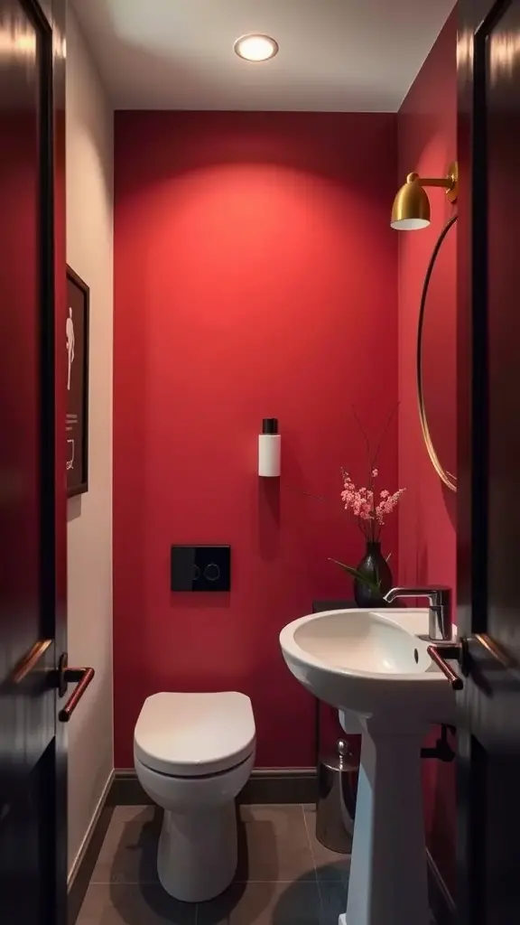 23 Stunning Small Bathroom Interior Ideas for a Stylish Makeover 2 Small bathroom with a bold red accent wall, white sink, and modern fixtures