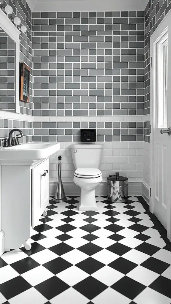 25 Stunning Bathroom Tile Combination Ideas to Transform Your Space 10 Bathroom featuring a bold black and white checkerboard floor and gray wall tiles.