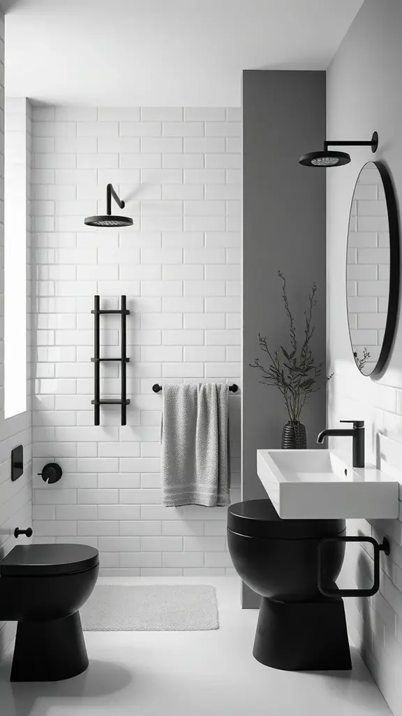 21 Stunning Scandinavian Bathroom Ideas You’ll Love 12 A stylish Scandinavian bathroom featuring bold black fixtures against white tiles.