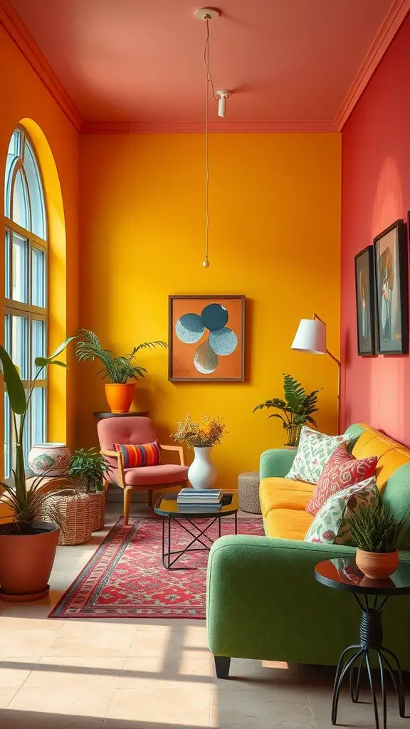 17 Cozy Maximalism Ideas to Transform Your Space 8 A cozy living room with bold color combinations featuring yellow walls, a pink ceiling, green and orange furniture, and a red patterned rug.