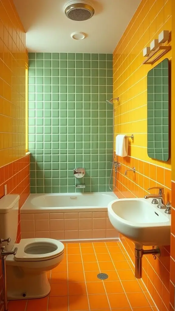 15 Fabulous 70s Bathroom Aesthetic Ideas to Inspire Your Renovation 6 A colorful 70s inspired bathroom with orange and green tile walls, a white bathtub, and modern fixtures.