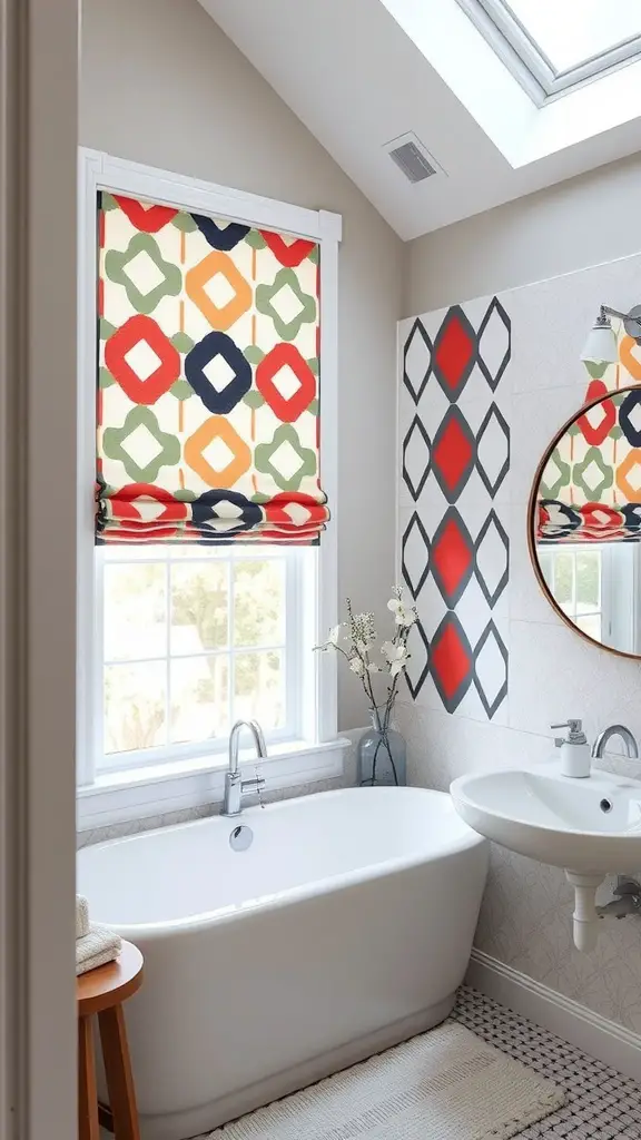 17 Charming Cafe Curtain Ideas for Your Bathroom Style 9 A bathroom featuring colorful cafe curtains with geometric patterns and a modern design.