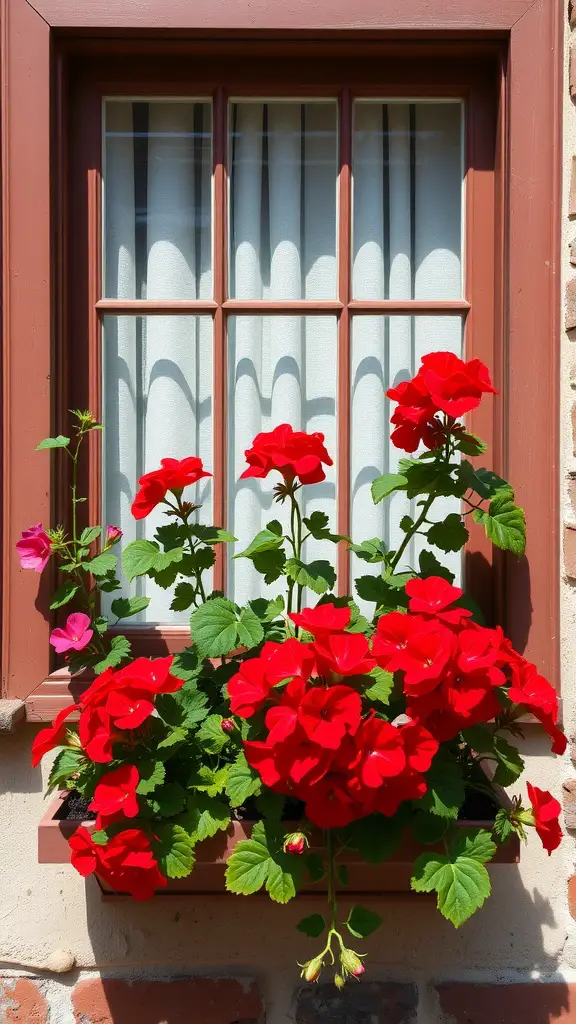 15 Stunning Planter Ideas for Full Sun Gardens 6 A sunny window box filled with bright red geraniums, contrasting with white curtains and a rustic window frame.