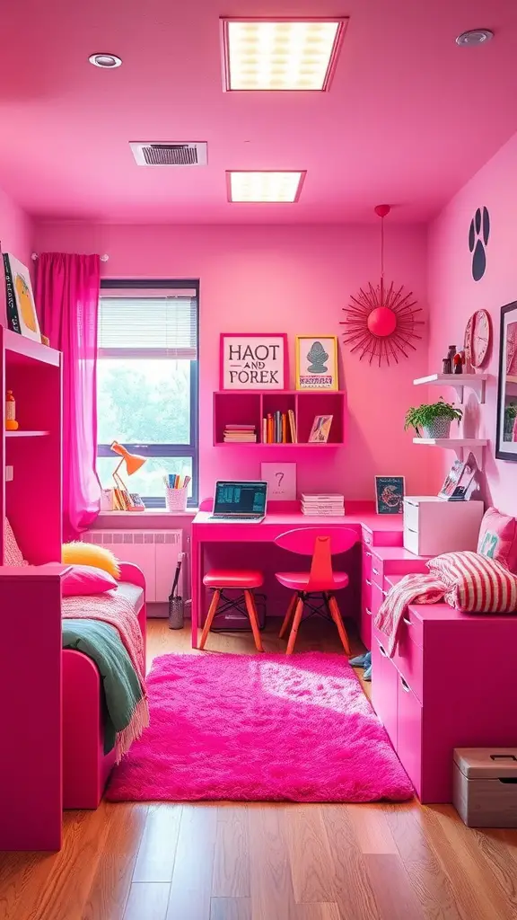 19 Dreamy Pink Dorm Room Ideas to Inspire Your Space 7 A vibrant dorm room filled with various shades of hot pink, featuring a cozy bed, desk area, and playful decorations.