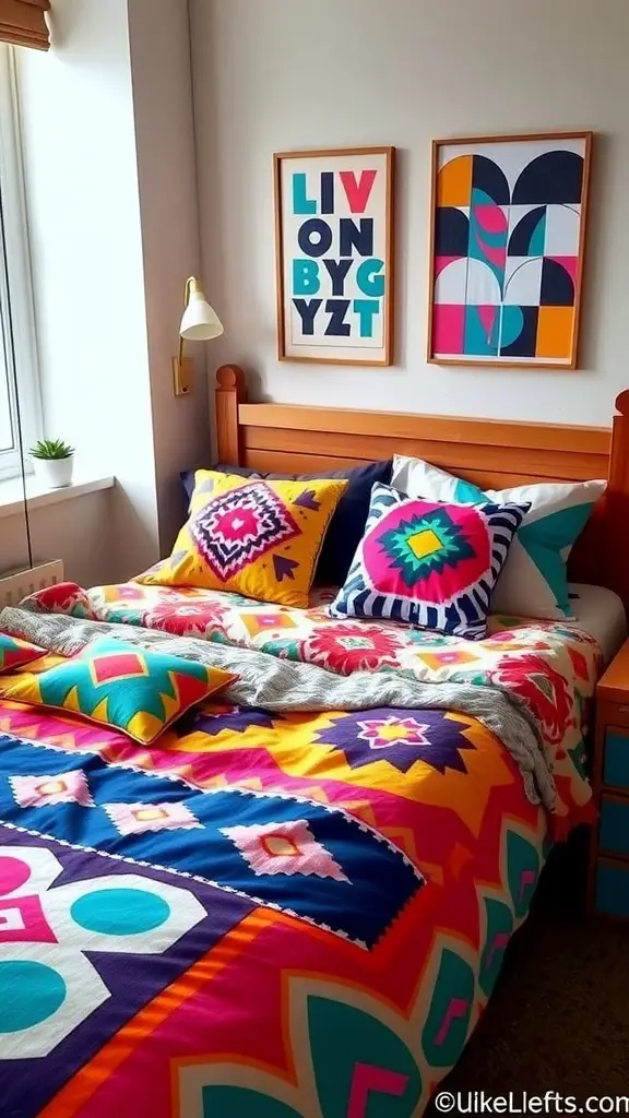 23 Trendy Dorm Bedding Ideas for a Stylish Space 5 A vibrant dorm room with colorful bedding and bold patterns.