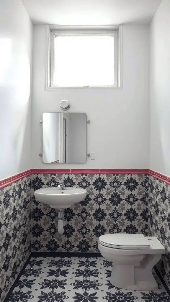 19 Creative Windowless Bathroom Ideas You’ll Love 4 A windowless bathroom featuring bold floral tiles on the walls and floor, with a white sink and toilet.