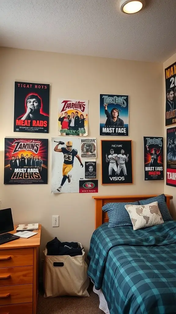 21 Creative Boys Dorm Room Ideas to Elevate Your Space 9 A boys' dorm room featuring a wall decorated with colorful posters and art, showcasing music and sports themes.
