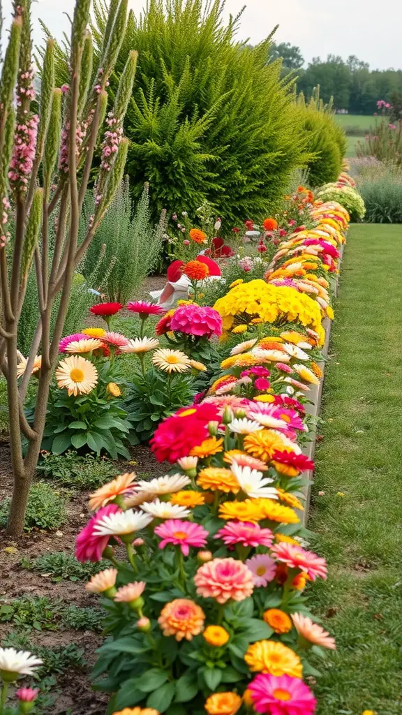 A vibrant border flower bed featuring a variety of colorful flowers lining a pathway.