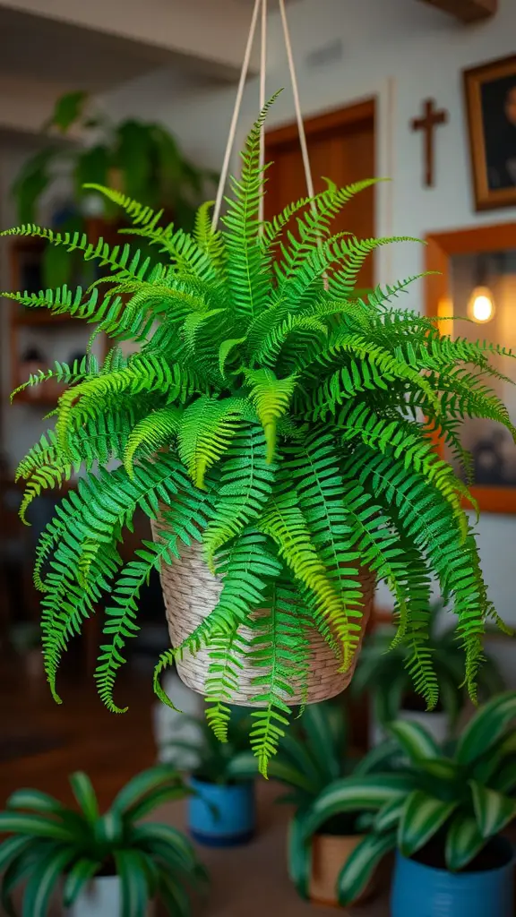 19 Beautiful Low Light Indoor Plants for Your Home 12 A hanging Boston Fern in a woven basket with vibrant green fronds.