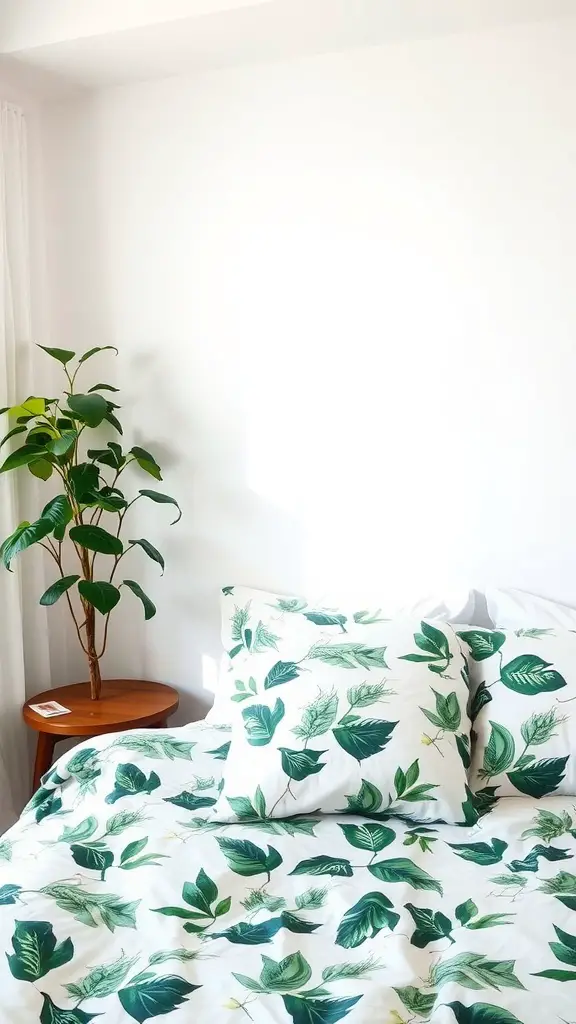23 Inspiring Green Bedding Aesthetic Ideas for a Cozy Sleep Space 5 A cozy bed with leafy green bedding and a small plant beside it