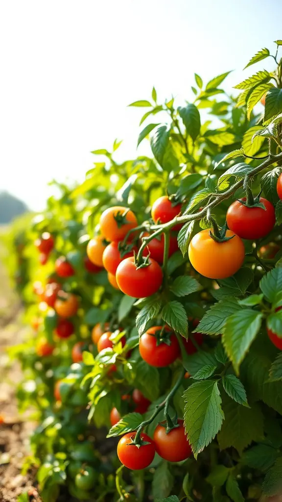 21 Stunning Full Sun Plants for Your Garden 16 A row of vibrant tomato plants with ripe and ripening tomatoes in a sunlit garden.