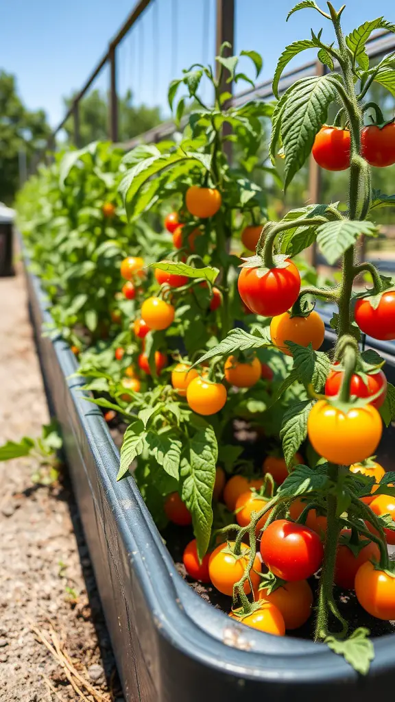 15 Stunning Planter Ideas for Full Sun Gardens 16 A close-up view of vibrant tomato plants in a raised planter, showcasing clusters of ripe red and yellow tomatoes under a clear blue sky.