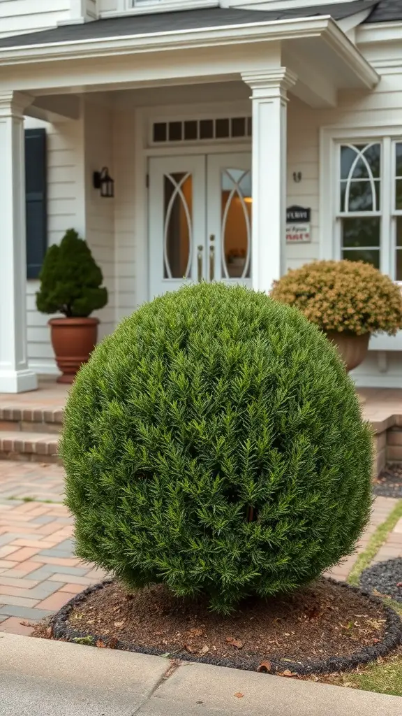 A manicured boxwood shrub in front of a house, showcasing its lush green foliage and rounded shape.