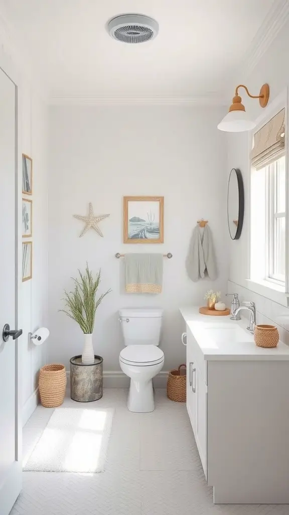 21 Stunning Upstairs Bathroom Ideas You’ll Love 15 A bright and airy coastal bathroom featuring light colors, natural decor elements, and coastal-themed artwork.