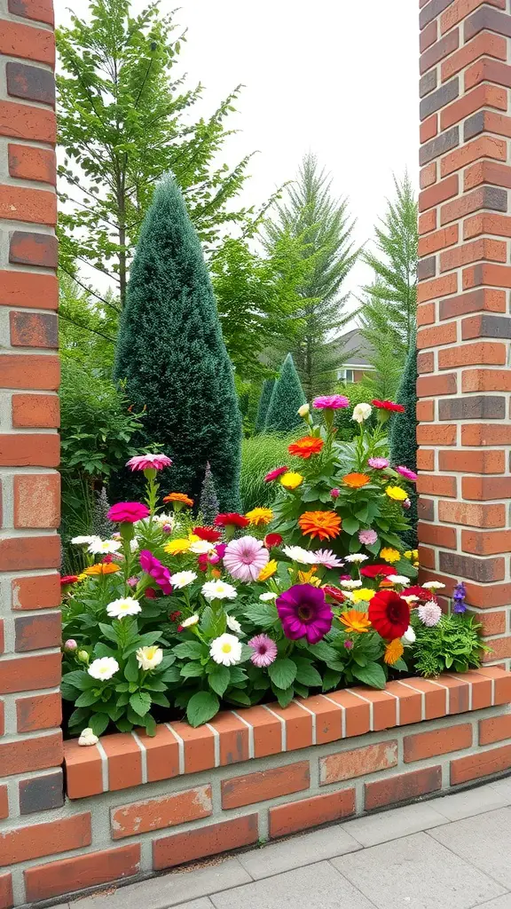 19 Creative Flower Bed Edging Ideas to Transform Your Garden 10 Colorful flower bed bordered with bricks and surrounded by greenery.
