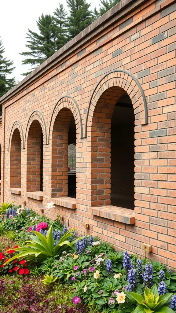 27 Creative Small Retaining Wall Ideas for Your Garden 9 Brick retaining wall featuring several arches with colorful flowers in front.