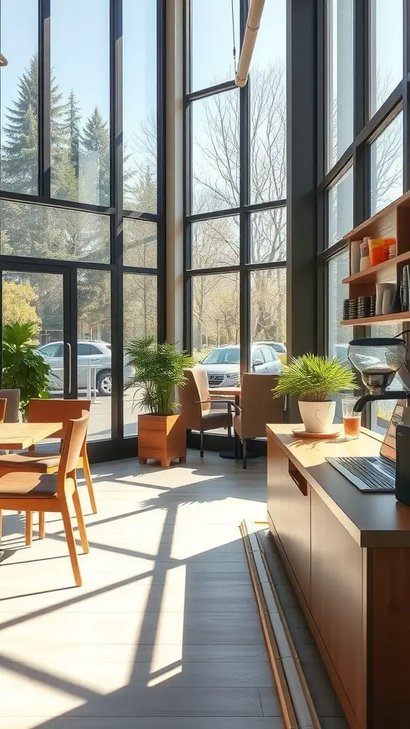 19 Creative Home Cafe Ideas to Elevate Your Coffee Experience 2 Bright and airy coffee space with large windows, wooden furniture, and indoor plants.