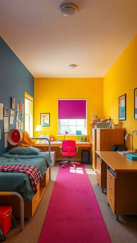 15 Adorable Dorm Room Ideas to Transform Your Space 11 Bright and colorful dorm room with yellow and blue walls, pink rug, and cozy bed.