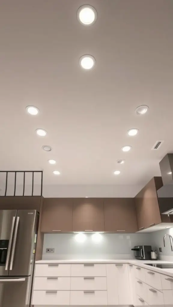 19 Stunning Kitchen Ceiling Light Ideas You’ll Love 10 A modern kitchen with multiple bright LED recessed lights on the ceiling.