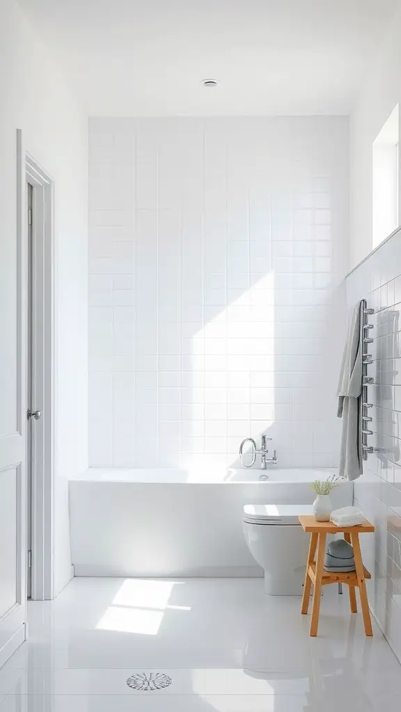 21 Stunning Scandinavian Bathroom Ideas You’ll Love 7 A bright Scandinavian bathroom featuring white walls and tiles, with a bathtub, modern toilet, and a wooden stool.