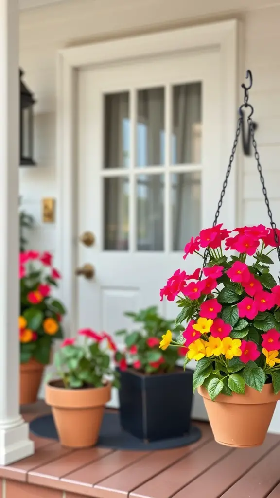 21 Stunning Faux Plants to Elevate Your Front Porch Decor 14 A front porch adorned with brightly colored faux geraniums in various pots