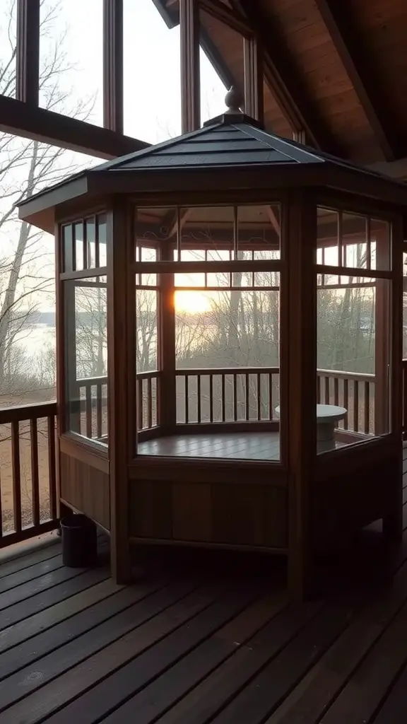 17 Stunning Gazebo Deck Ideas for Your Outdoor Oasis 11 A wooden gazebo with large windows overlooking a sunset.