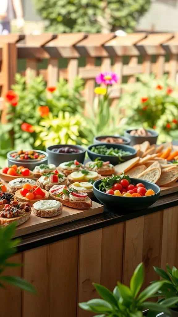 29 Charming Italian-Themed Bridal Shower Ideas You’ll Love 2 A beautifully arranged bruschetta bar featuring various toppings and fresh ingredients.