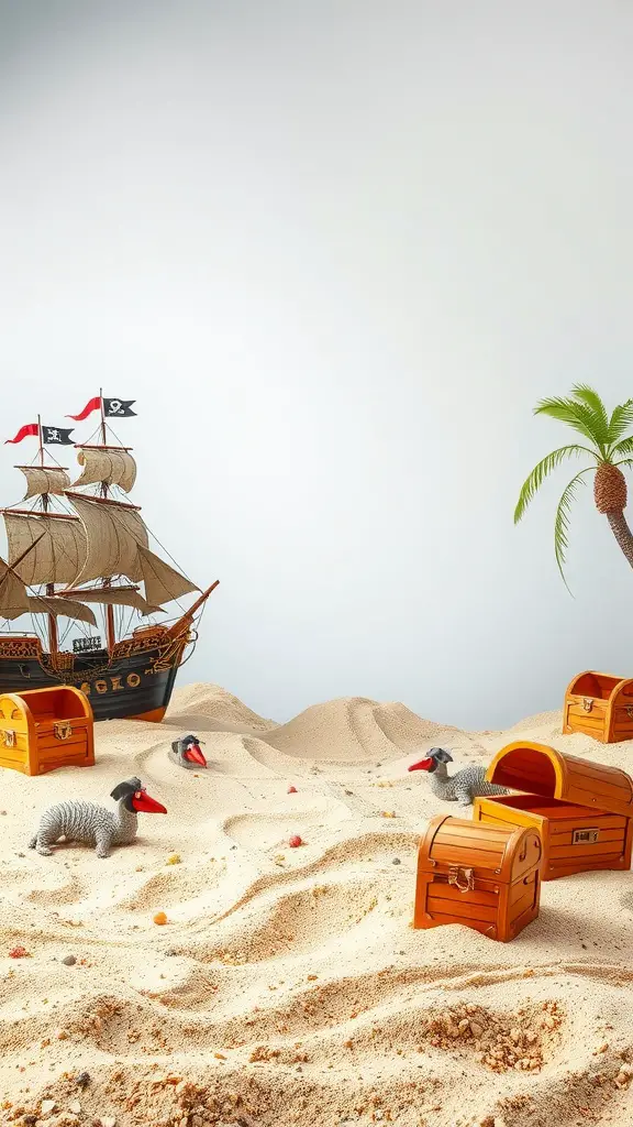 21 Creative Sandbox Ideas for Endless Outdoor Fun 10 Sandbox scene with a pirate ship, treasure chests, plush animals, and a palm tree.