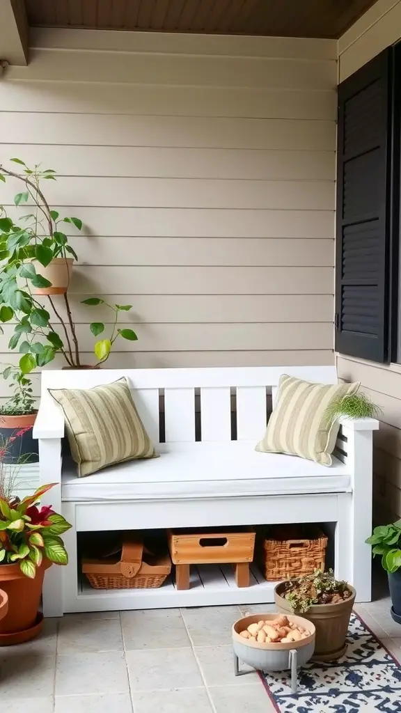 21 Creative Front Porch Bench Ideas for a Warm Welcome 2 A cozy built-in corner bench with storage, decorated with cushions and surrounded by potted plants.